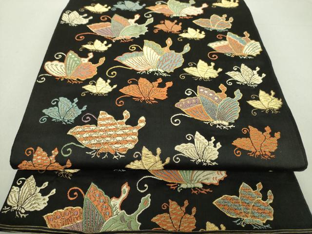 平和屋着物●六通柄袋帯　唐織　舞蝶文　黒地　金糸　正絹　逸品　DAAU5679ps