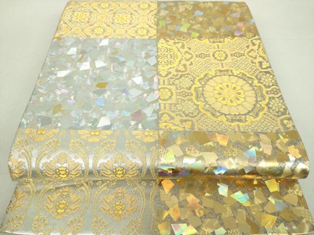 平和屋着物●金彩友禅作家　金彩の魔術師　堀省平　金煌織　太鼓柄袋帯　市松花文　金銀彩　引箔　正絹　逸品　DAAU5707ps