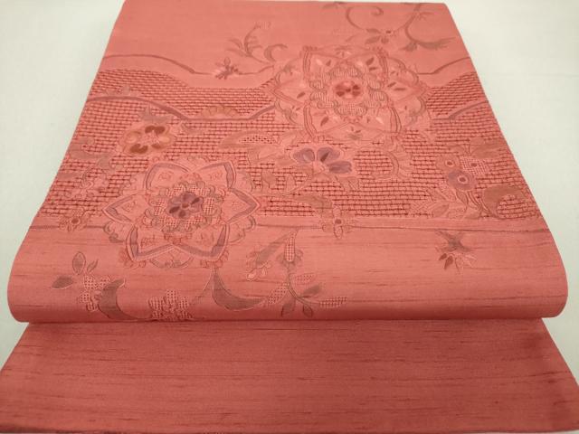 平和屋着物●中国三大刺繍　スワトウ刺繍　汕頭刺繍　総刺繍　太鼓柄袋帯　紬地　正倉院花文　銀朱色　正絹　逸品　DAAU5721ps