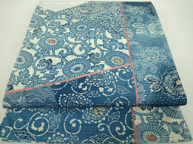 平和屋着物●本藍　型絵染　六通柄袋帯　紬地　切嵌　花唐草文　正絹　逸品　DAAU5725ps