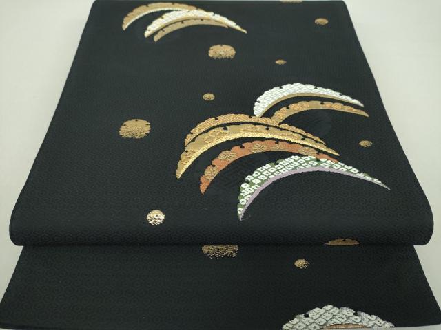 平和屋着物●六通柄袋帯　唐織　雪芝花文　黒地　金糸　正絹　逸品　DAAU5729ps