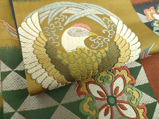 平和屋着物○六通柄袋帯 唐織 変わり市松 龍の丸 鶴の
