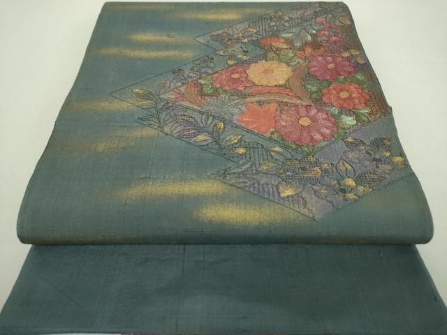 平和屋着物●中国三大刺繍　スワトウ刺繍　汕頭刺繍　総刺繍　太鼓柄袋帯　紬地　松皮菱花文　金彩　正絹　逸品　DAAU5735ps