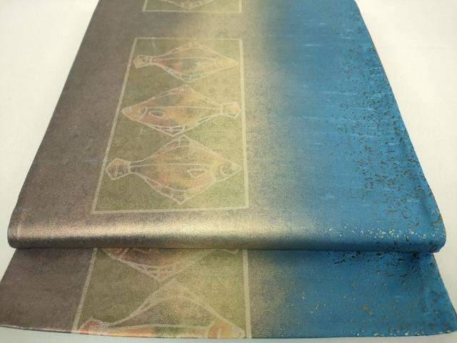 平和屋着物●石川県指定無形文化財　牛首紬　白山工房　手織り　全通柄袋帯　カレイ　魚　金彩　引箔　正絹　逸品　DAAU5748ps