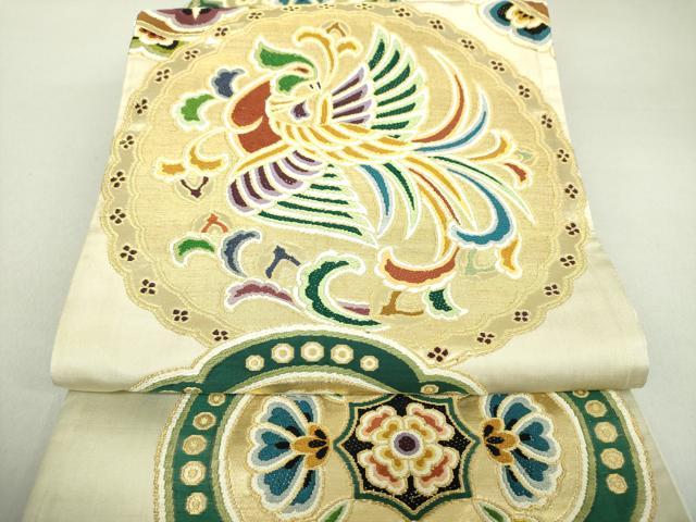 平和屋着物●アンティーク　大正ロマン　全通柄袋帯　引き抜き帯　唐織　鳳凰花丸文　金糸　正絹　逸品　DAAU5759ps