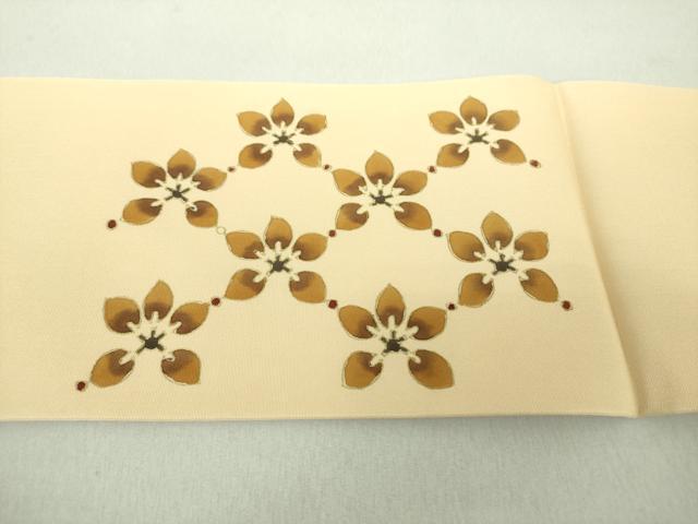 平和屋着物○塩瀬 九寸名古屋帯 駒刺繍 枝花文 金彩 ます