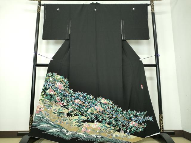 平和屋着物●豪華黒留袖　友禅　作家物　立波風景花文　正絹　逸品　未使用　DAAU5779ps