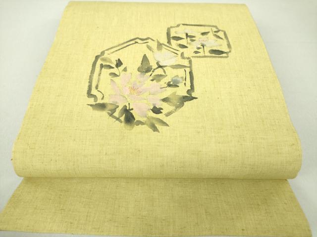平和屋着物●太鼓柄京袋帯　紬地　手描き　草花文　DAAU5896ps