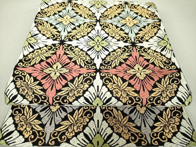 平和屋着物●六通柄袋帯　瑞祥唐織　七宝花菱文　黒地　金糸　正絹　逸品　DAAU5901ps