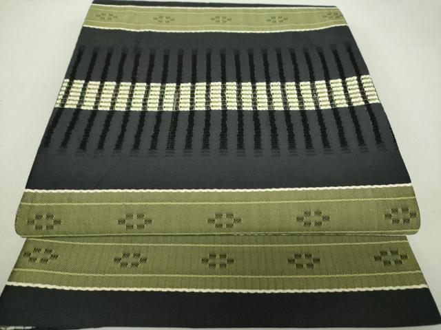 平和屋着物●花織　六通柄袋帯　横段文　黒地　正絹　逸品　DAAU5915ps