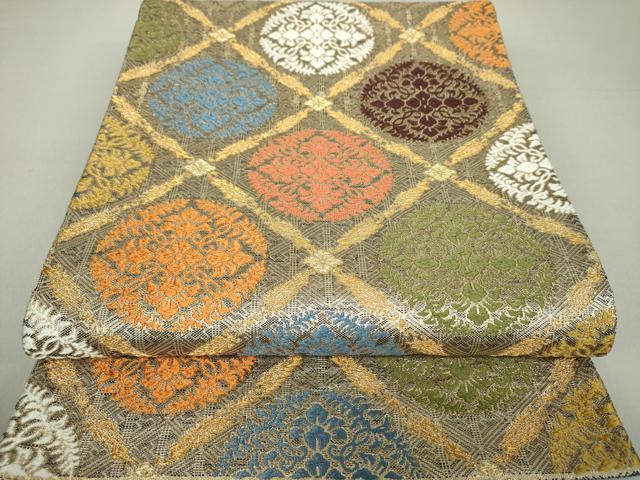 平和屋着物●佐賀錦　太鼓柄袋帯　格子花丸文　金銀糸　正絹　逸品　未使用　DAAU5916ps