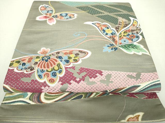 平和屋着物●西陣　白綾苑大庭　六通柄袋帯　流水舞蝶文　金糸　正絹　逸品　DAAU5917ps