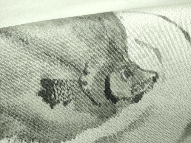 平和屋着物○九寸名古屋帯 手描き 魚 カレイ 鬼しぼ縮緬 正絹 逸品 未