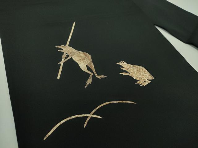 平和屋着物●塩瀬　九寸名古屋帯　蓑虫　鳥獣戯画　黒地　正絹　逸品　DAAU5964ps 平和屋着物○塩瀬 九寸名古屋帯 蓑虫 鳥獣戯画 黒地 正絹 逸品