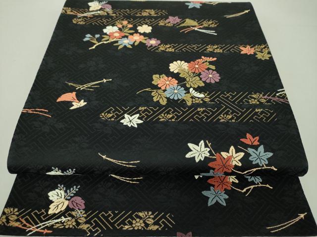 平和屋着物●六通柄袋帯　唐織　吹き寄せ花文　黒地　金糸　正絹　逸品　DAAU5967ps