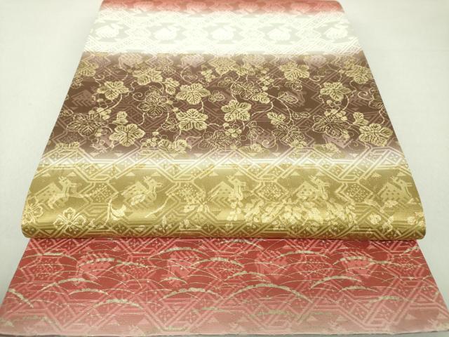 平和屋着物●善之助　着物ブランド　一期一会　両面　全通柄袋帯　葡萄蔦の葉文　樹下獣花文　金彩　正絹　逸品　未使用　DAAU5974ps