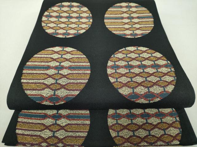 平和屋着物●六通柄袋帯　丸文　黒地　正絹　逸品　未使用　DAAU5982ps