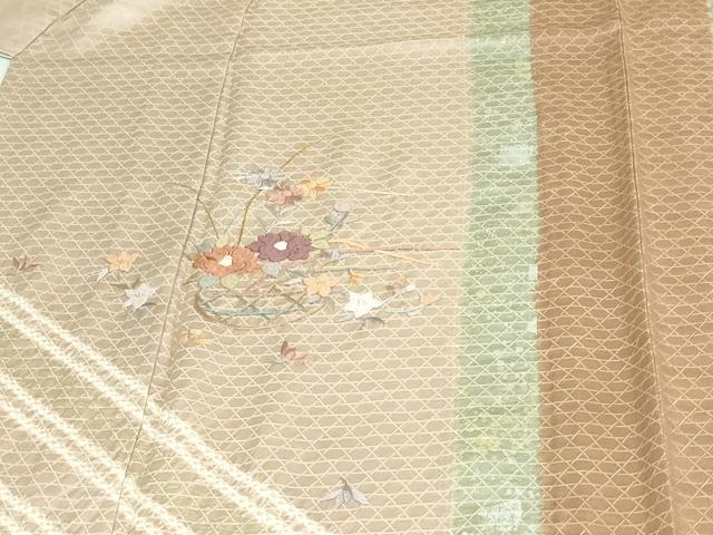 平和屋着物▽訪問着　単衣　刺繍　絞り　花籠文　金銀彩　正絹　逸品　DAAU6372sf