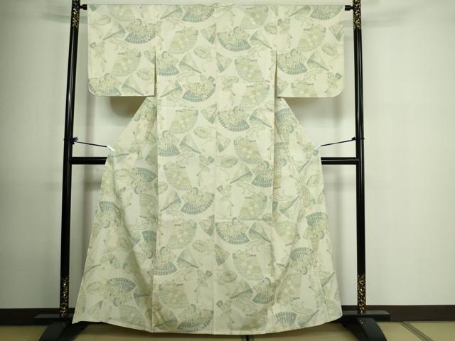 平和屋着物▽本塩沢　単衣　檜扇花文　正絹　逸品　DAAU6396sf 平和屋着物▽本塩沢 単衣 檜扇花文 正絹 逸品 DAAU6396sf