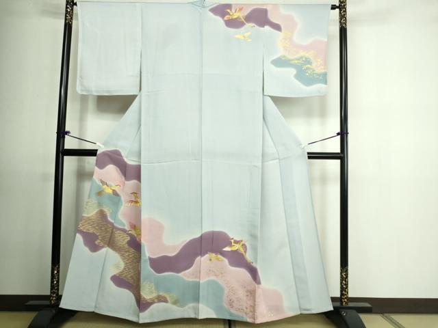 平和屋着物▽訪問着　単衣　駒刺繍　鳳凰文　暈し染め　金彩　正絹　逸品　DAAU6413sf