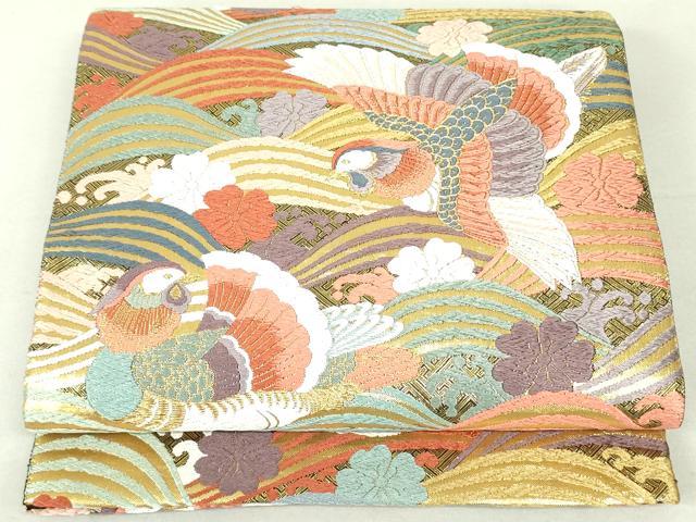 平和屋着物●六通柄袋帯　唐織　群れ鳥立波舞花文　金糸　正絹　逸品　DAAU6617ob