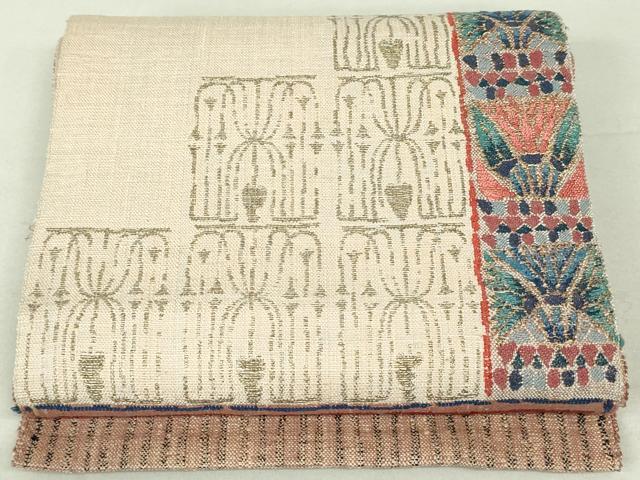 平和屋着物●八寸名古屋帯　紬地　幾何学更紗花間道　金糸　正絹　逸品　DAAU6633ob