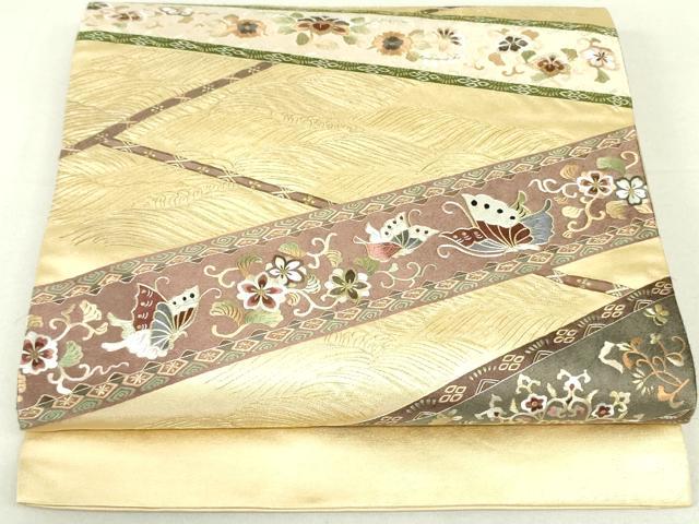 平和屋着物●太鼓柄袋帯　刺繍　立波更紗花蝶文　本金箔　正絹　逸品　DAAU6660ob