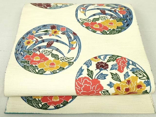 平和屋着物●八寸名古屋帯　型染め　草花丸文　正絹　逸品　DAAU6685ob