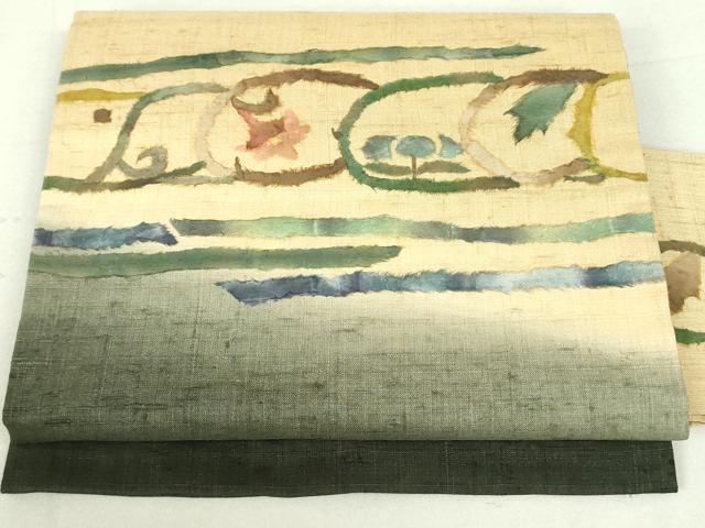 平和屋着物●九寸名古屋帯　紬地　和紙　草花丸間道　正絹　逸品　DAAU6726ob