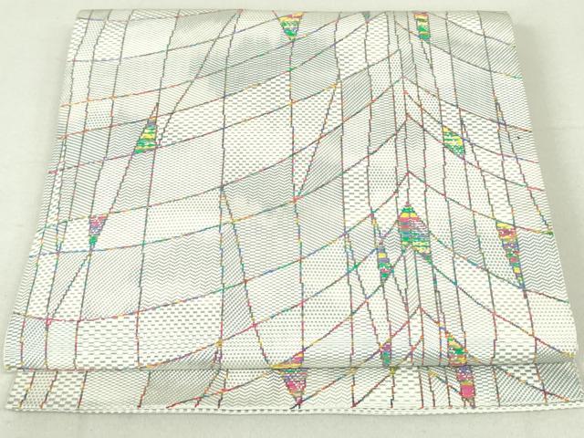 平和屋着物●本場筑前博多織　八寸名古屋帯　切嵌抽象文様　正絹　逸品　DAAU6728ob