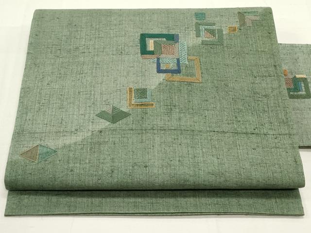 平和屋着物●九寸名古屋帯　紬地　総刺繍　幾何学文様　正絹　逸品　未使用　DAAU6769ob