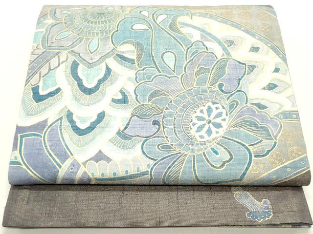 平和屋着物●太鼓柄袋帯　紬地　更紗花文　金通し地　正絹　逸品　DAAU6817ob