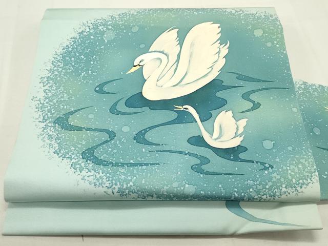 平和屋着物●鎌倉友禅　坂井教人　日本工芸会正会員　塩瀬　九寸名古屋帯　白鳥　正絹　逸品　DAAU6819ob