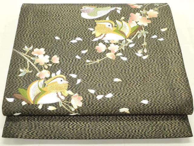 平和屋着物●太鼓柄袋帯　刺繍　鴛鴦枝桜文　黒地　金糸　正絹　逸品　DAAU6820ob