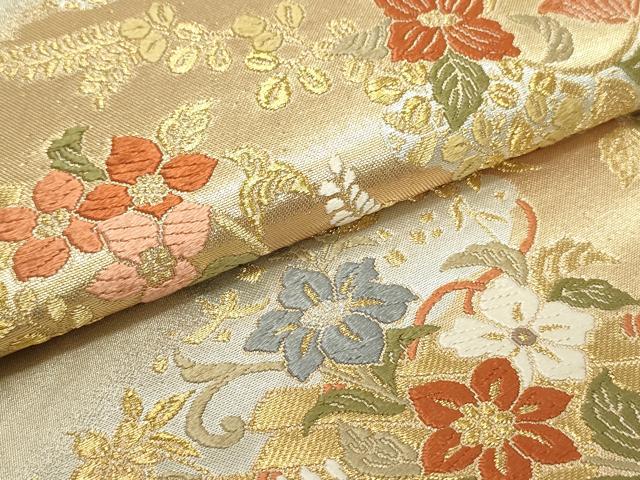 平和屋着物●アンティーク　大正ロマン　六通柄　本袋帯　唐織　龍　鳳凰正倉院更紗花文　肌色　金糸　正絹　逸品　DAAW6841ob 平和屋着物○アンティーク 大正ロマン 六通柄 本袋帯 唐織 龍 鳳凰正