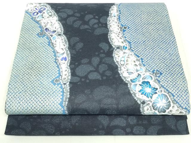 平和屋着物●両面　太鼓柄袋帯　紬地　絞り　雪輪辻が花　銀彩　正絹　逸品　DAAU6841ob