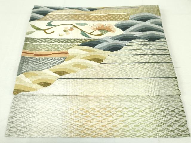 平和屋着物▽つけ帯　スリーシーズン　春夏秋　櫛織　青海波枝花横段文　金糸　正絹　逸品　未使用　DAAU6857ob 平和屋着物○つけ帯 スリーシーズン 春夏秋 櫛織 青海波枝