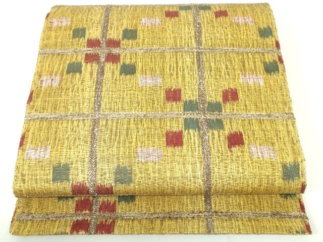 平和屋着物▽銀座きしや　全通柄袋帯　スリーシーズン　春夏秋　紬地　格子抽象文様　正絹　逸品　未使用　DAAU6872ob