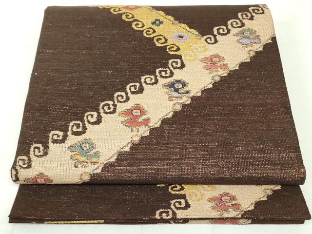 平和屋着物●六通柄袋帯　紬地　切嵌花鳥文　金糸　正絹　逸品　未使用　DAAU6873ob