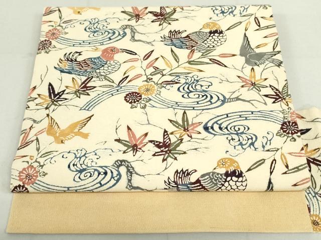 平和屋着物○九寸名古屋帯 型染め 流水鴛鴦草花文 鬼しぼ