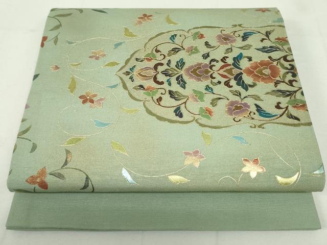 平和屋着物●太鼓柄袋帯　紬地　更紗花唐草文　金彩　正絹　逸品　未使用　DAAU6891ob