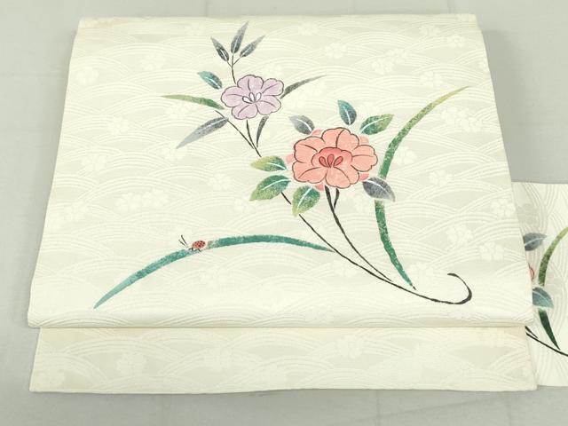 平和屋着物●九寸名古屋帯　作家物　手描き　草花文　てんとう虫　生成り色　正絹　逸品　DAAU6919ob