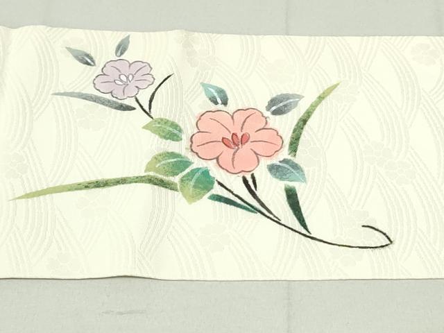 平和屋着物●九寸名古屋帯　作家物　手描き　草花文　てんとう虫　生成り色　正絹　逸品　DAAU6919ob 平和屋着物○九寸名古屋帯 作家物 手描き 草花文 てんとう虫 生成