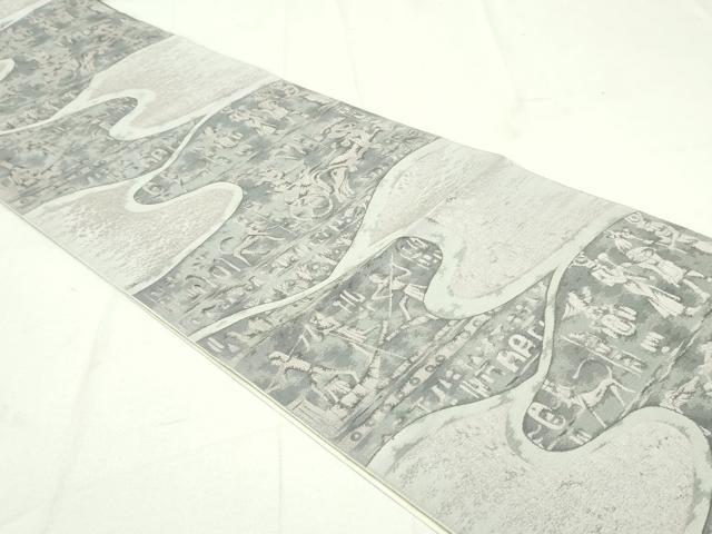 平和屋着物●本場筑前博多織　八寸名古屋帯　流水壁画文　正絹　逸品　DAAU6928ob 平和屋着物○本場筑前博多織 八寸名古屋帯 流水壁画文 正絹 逸品