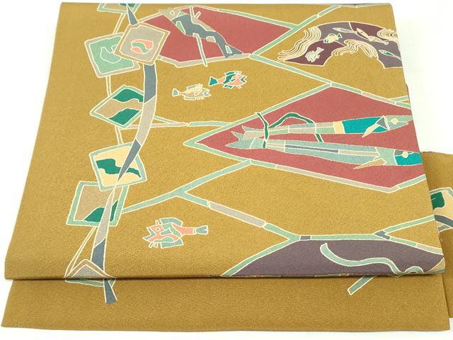 平和屋着物●全通柄九寸名古屋帯　切嵌魚文　黄唐茶色　金彩　正絹　逸品　DAAU6946ob