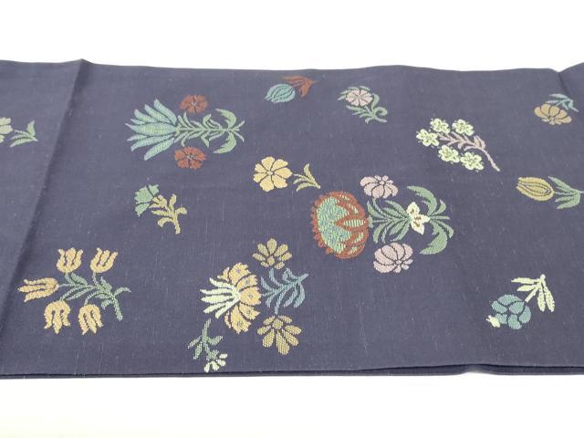 平和屋着物●西陣　川島織物　九寸開き名古屋帯　ワンポイント　牡丹文　千草色　金糸　正絹　逸品　DAAS3209ps 平和屋着物○西陣 川島織物 九寸開き名古屋帯 ワンポイント 牡丹文