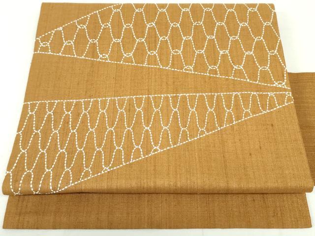 平和屋着物●九寸名古屋帯　紬地　刺子　幾何学横段文　紅鬱金色　正絹　逸品　未使用　DAAU6971ob