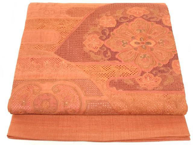 平和屋着物●中国三大刺繍　スワトウ刺繍　汕頭刺繍　総刺繍　太鼓柄袋帯　紬地　切嵌　蜀江更紗花唐草文　樺色　正絹　逸品　DAAU6979ob