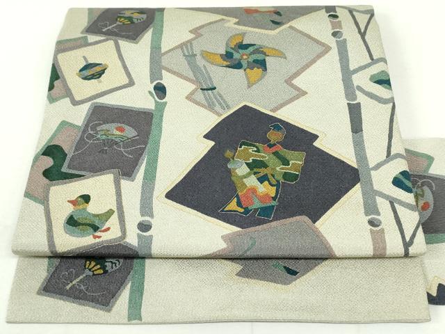 平和屋着物●九寸名古屋帯　松皮菱色紙重ね玩具文　金彩　鬼しぼ縮緬　正絹　逸品　DAAU6983ob