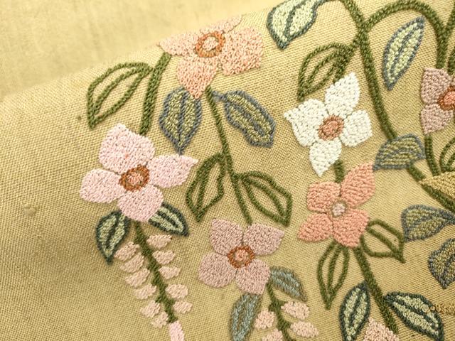 平和屋着物○太鼓柄袋帯 紬地 総刺繍 枝花文 正絹 逸品